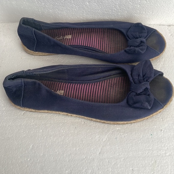 American Eagle flats open toe slip on navy blue fabric bows women size 8 - Picture 5 of 10